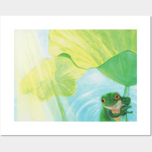 Green Frog under Lily Pad Posters and Art